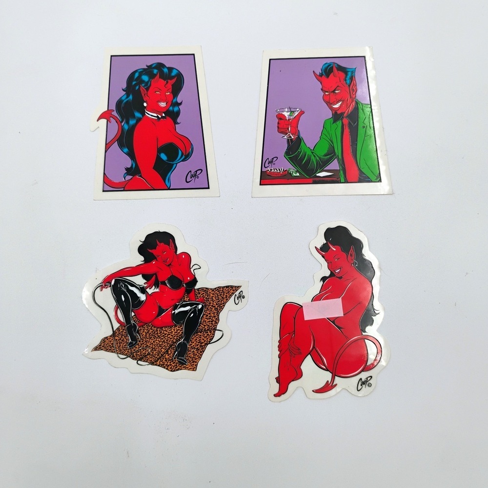 Coop Art Devil Pinup 4 Stickers Devil Girl Hot Rod VTG 90's Y2K Rockabilly NOS